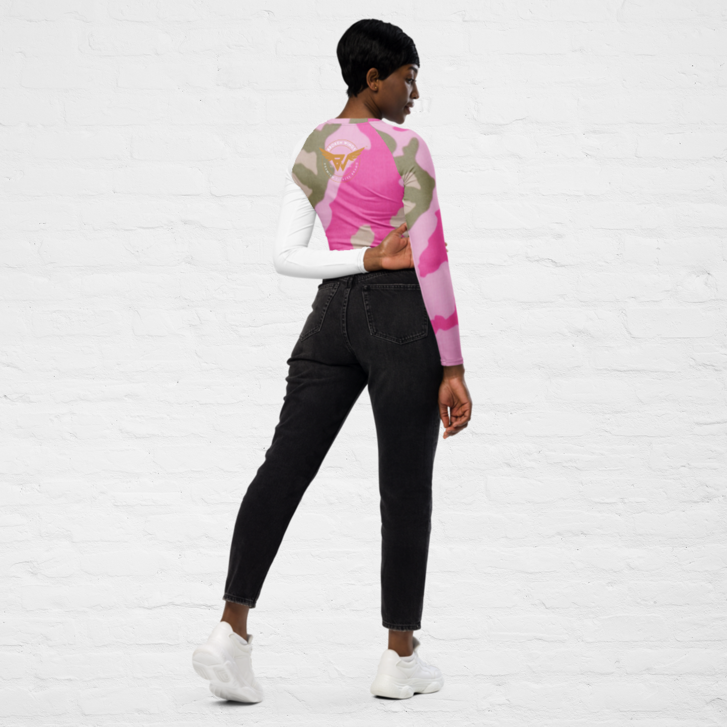 Pink & Green Camo KlassiQ long-sleeve crop top by BWFB