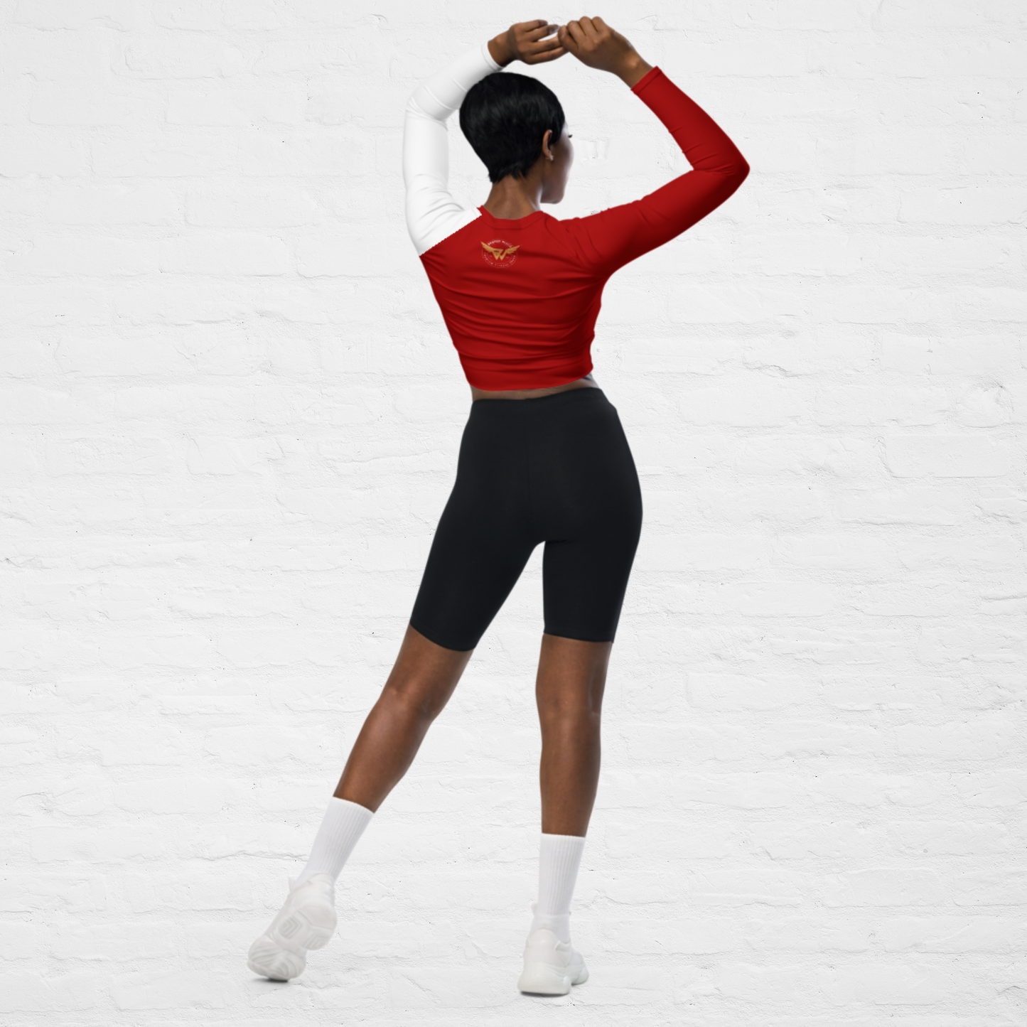 RED KLASSIQ IWNL LONG-SLEEVE CROP TOP BY BWFB | WHITE AND RED LONG SLEEVE CROP TOP