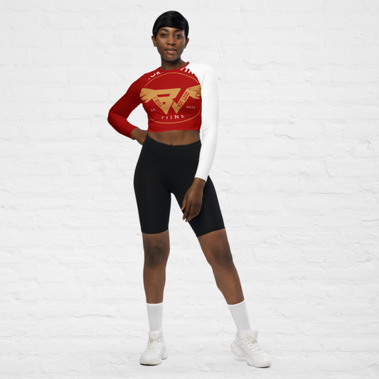 RED KLASSIQ IWNL LONG-SLEEVE CROP TOP BY BWFB | WHITE AND RED LONG SLEEVE CROP TOP