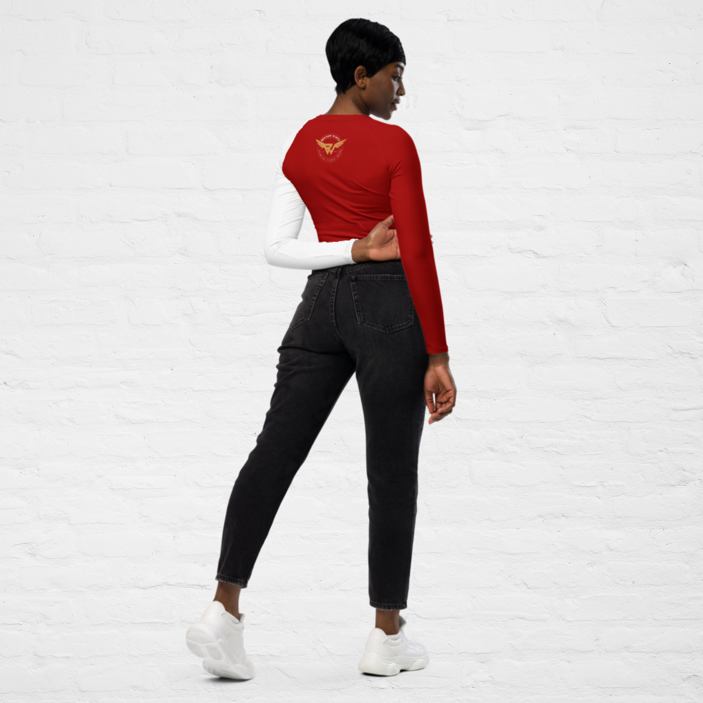 RED KLASSIQ IWNL LONG-SLEEVE CROP TOP BY BWFB | WHITE AND RED LONG SLEEVE CROP TOP